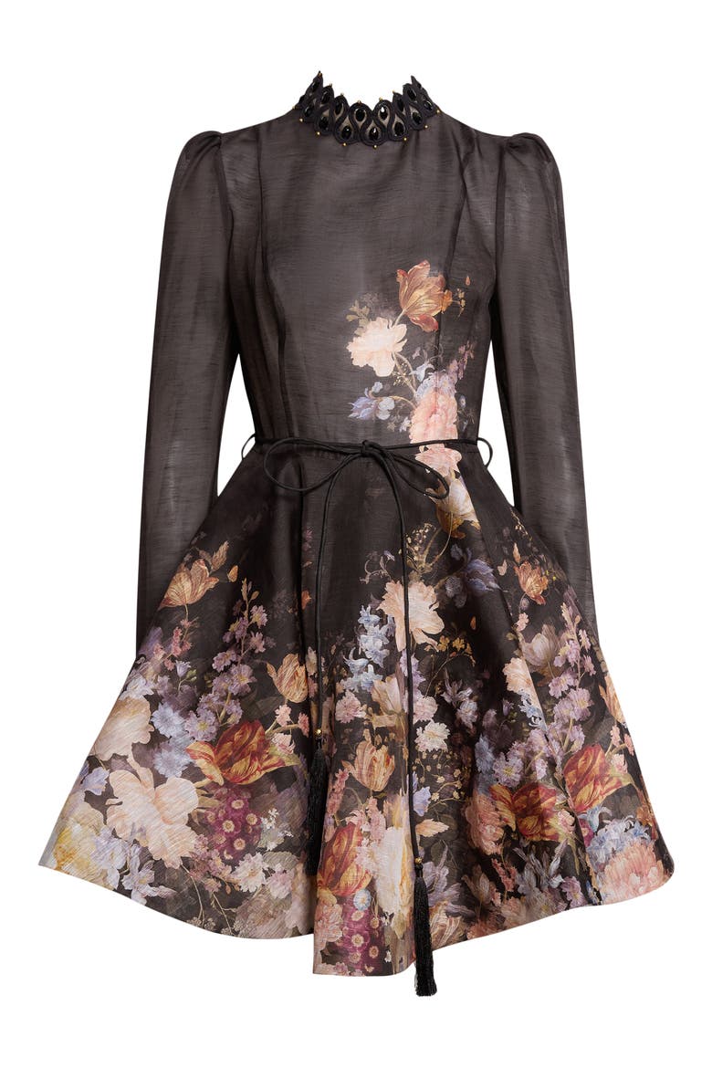 Valiant Embellished Floral Long Sleeve Linen & Silk Organza Dress, Alternate, color, BLACK FLORAL
