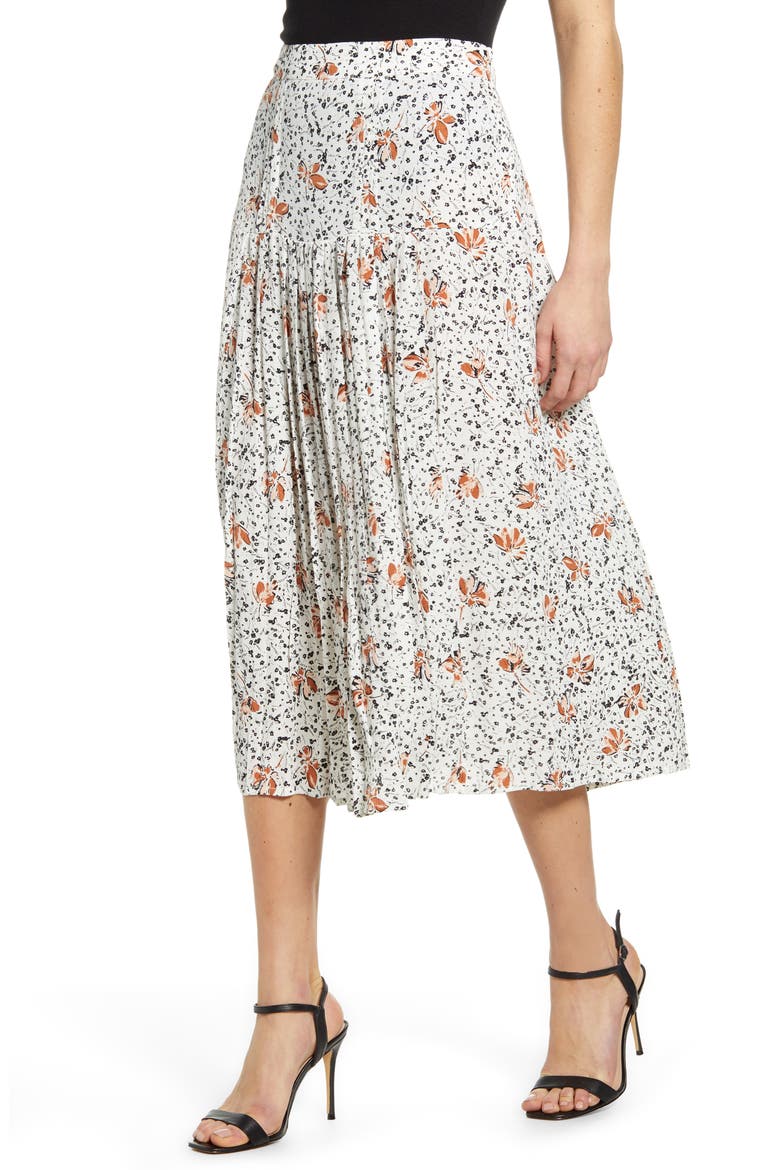 Pleated Midi Skirt, Main, color, IVORY DITSY DAISY
