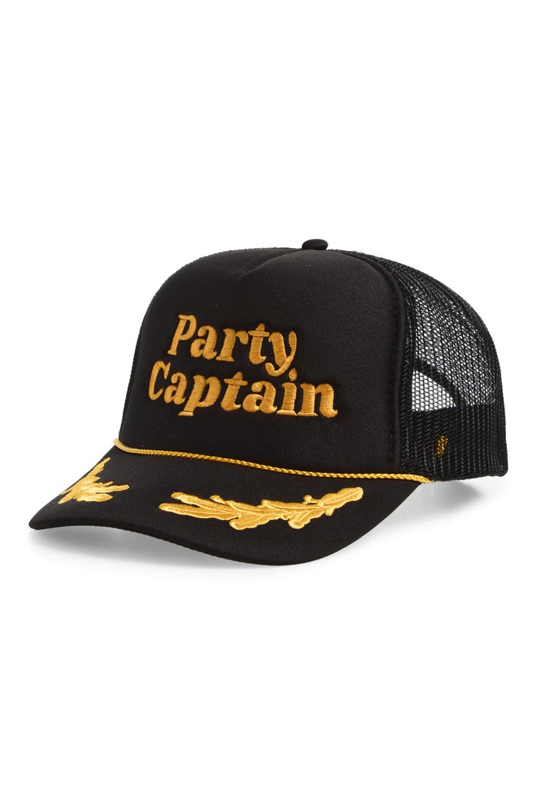 Party Captain Embroidered Snapback Trucker Hat, Main, color, CAPTAIN BLACK/ GOLD