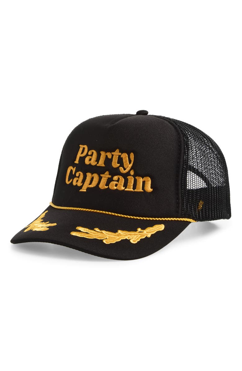 Local Beach Party Captain Embroidered Snapback Trucker Hat, Main, color, Captain Black/ Gold