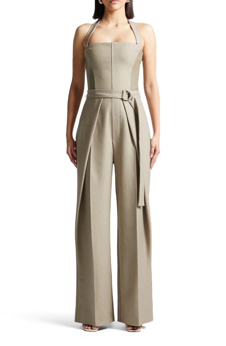 Manière De Voir Sabine Tailored Pleat Jumpsuit with Belt, Main, color, Beige