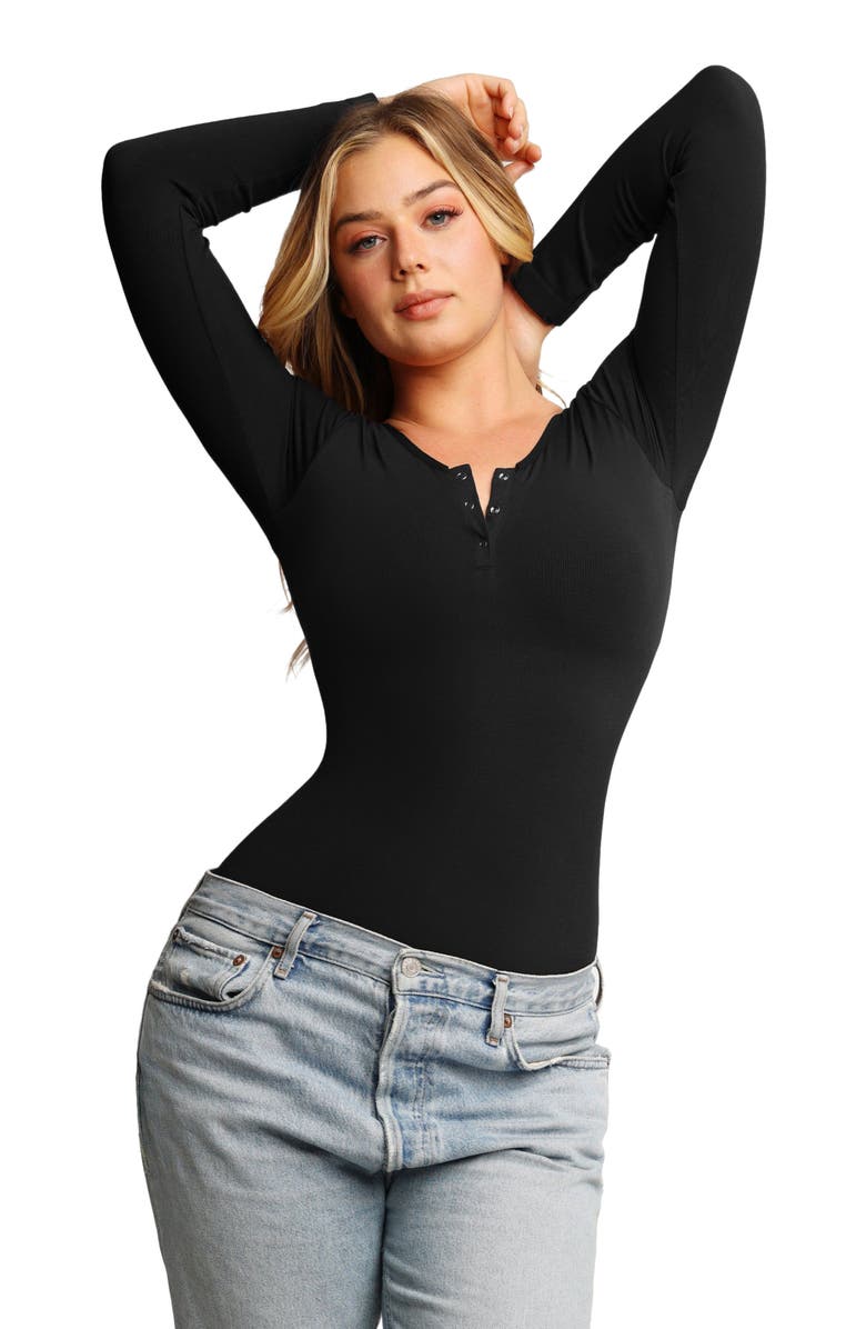 Popilush Shapewear Seamless Modal Long Sleeve Henley Bodysuit, Alternate, color, Jet Black