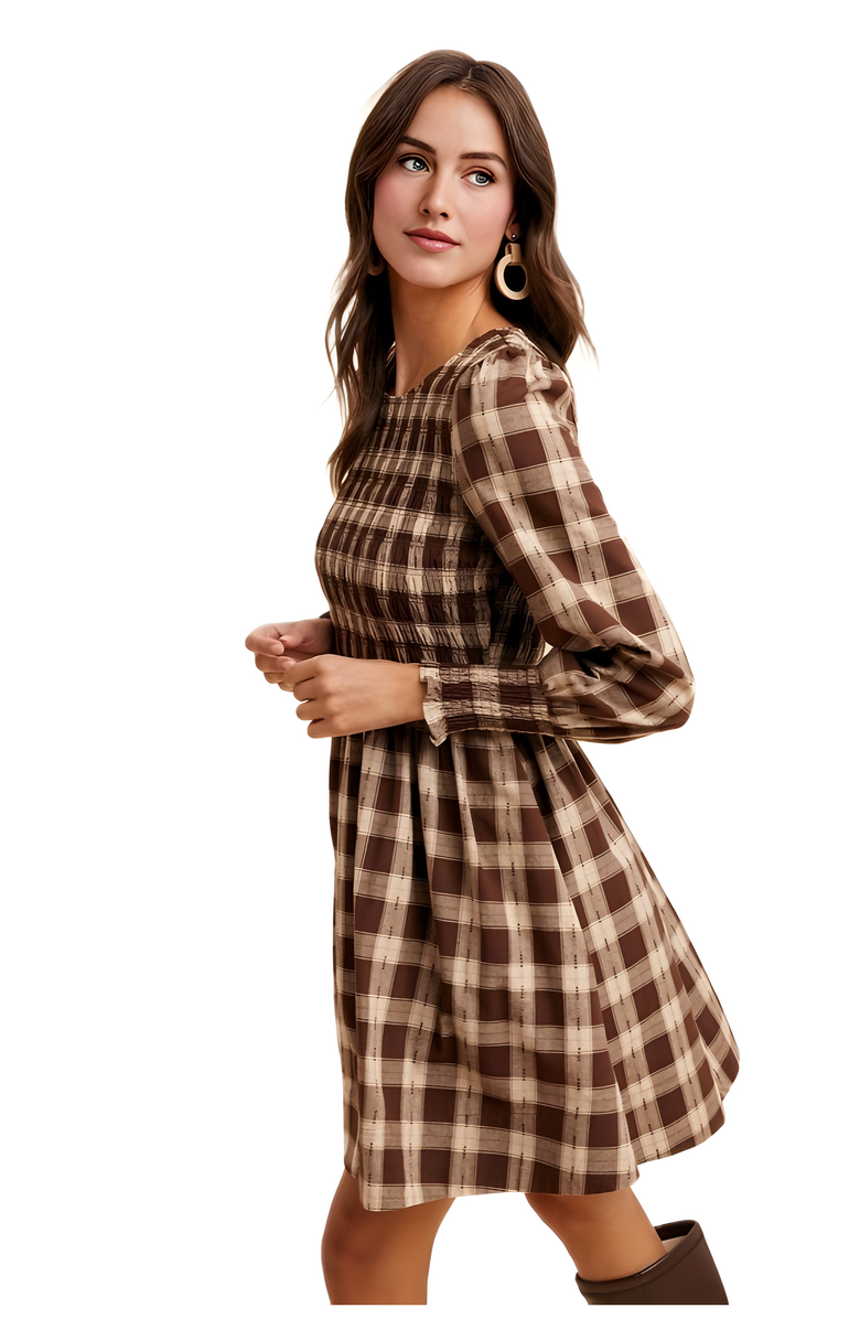 Knit and Lounge Smocked Plaid Long Sleeve Mini Dress, Main, color, 