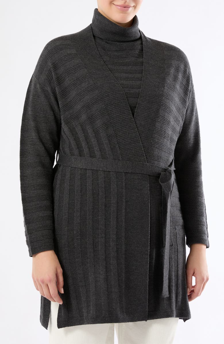 Marina Rinaldi Zamia Tie Belt Merino Wool Cardigan, Main, color, Dark Grey