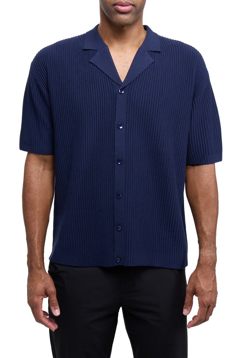 Ribbed Knit Camp Shirt, Main, color, NAVY