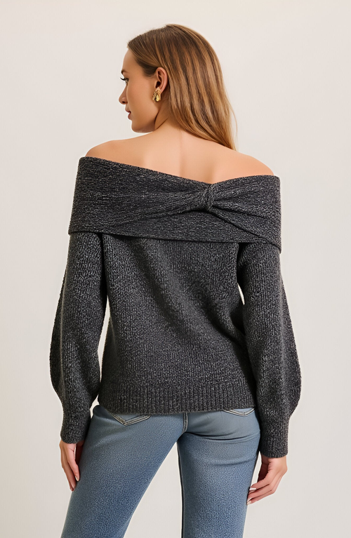 Modenaire Off-shoulder Sweater With Twisted Foldover Neckline And Balloon Sleeves In Black