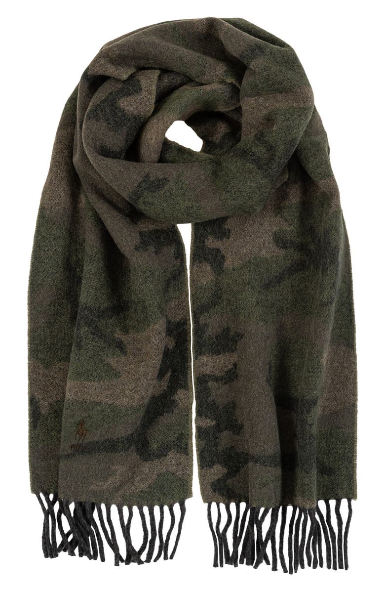 Polo Ralph Lauren Camouflage Jacquard Recycled Wool Blend Scarf, Main, color, Olive Camo/ Brown Pp