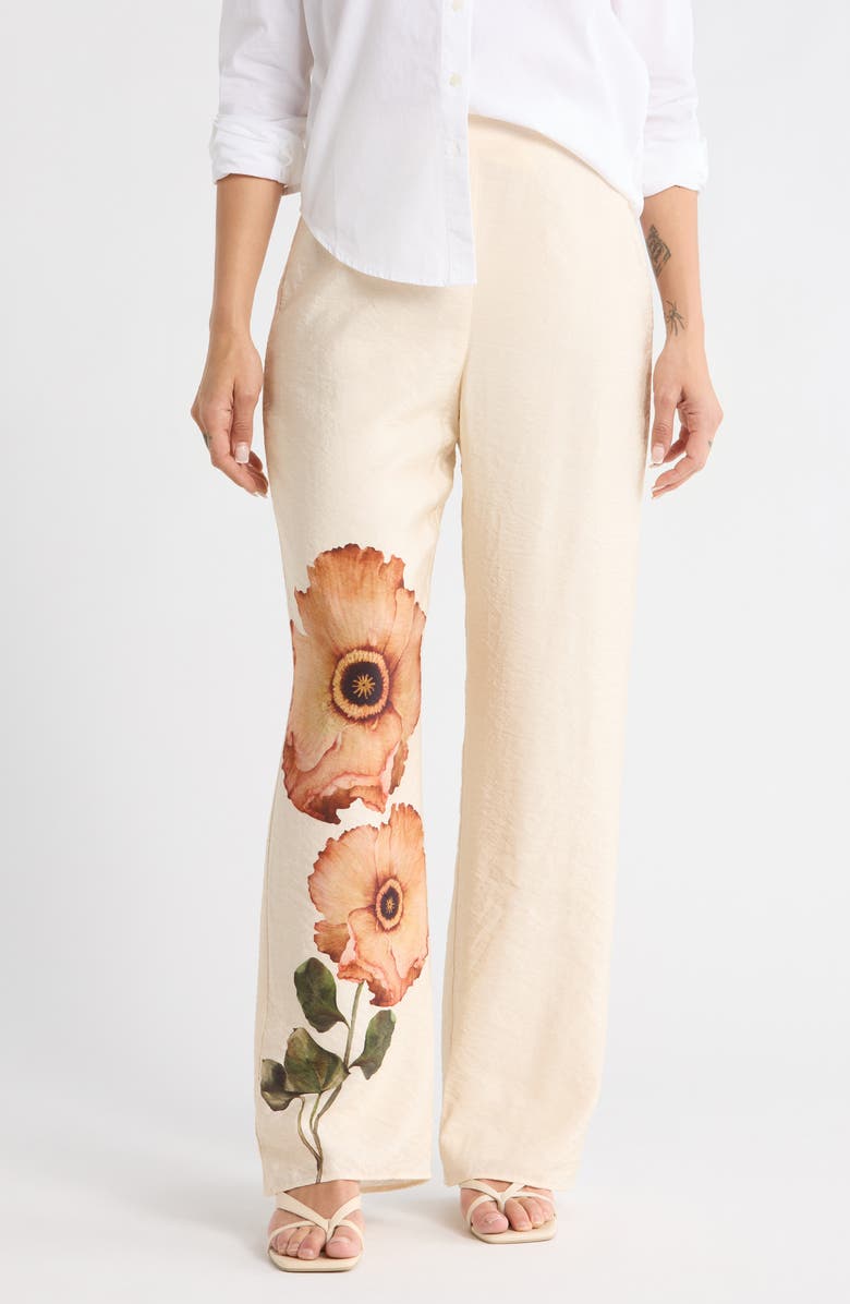 Desigual Floral Wide Leg Pants, Main, color, Medium Beige