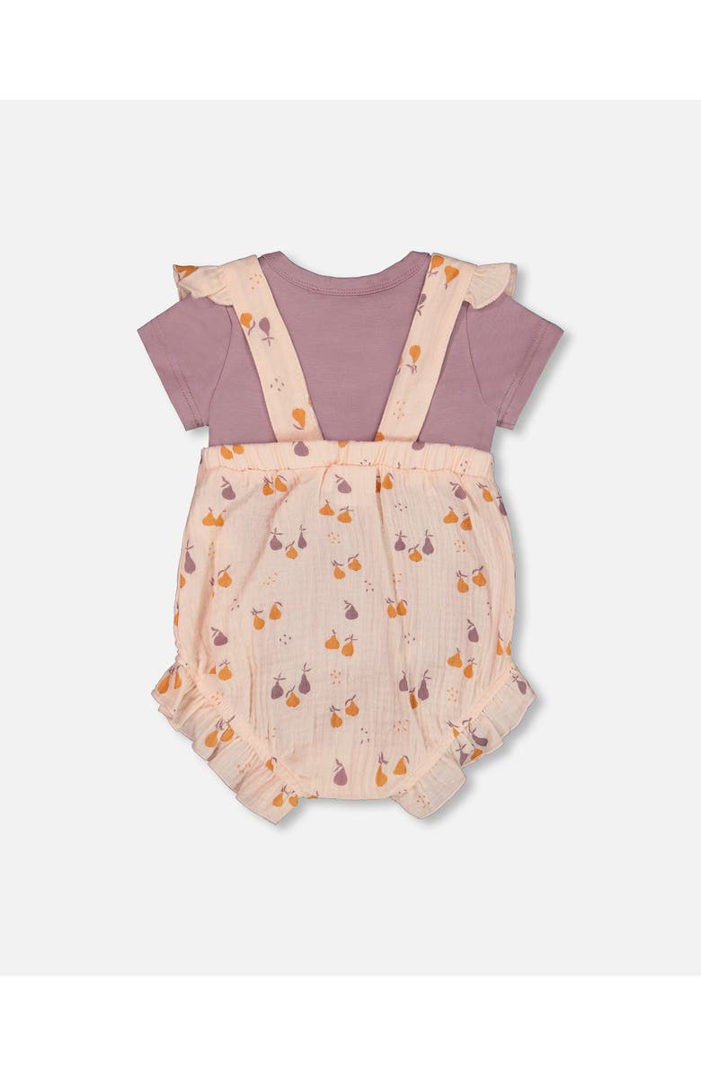 Deux par Deux Baby Girl's Printed Muslin Shortall And Organic Cotton Bodysuit Set Peach With Pears, Alternate, color, Peach With Pears Print