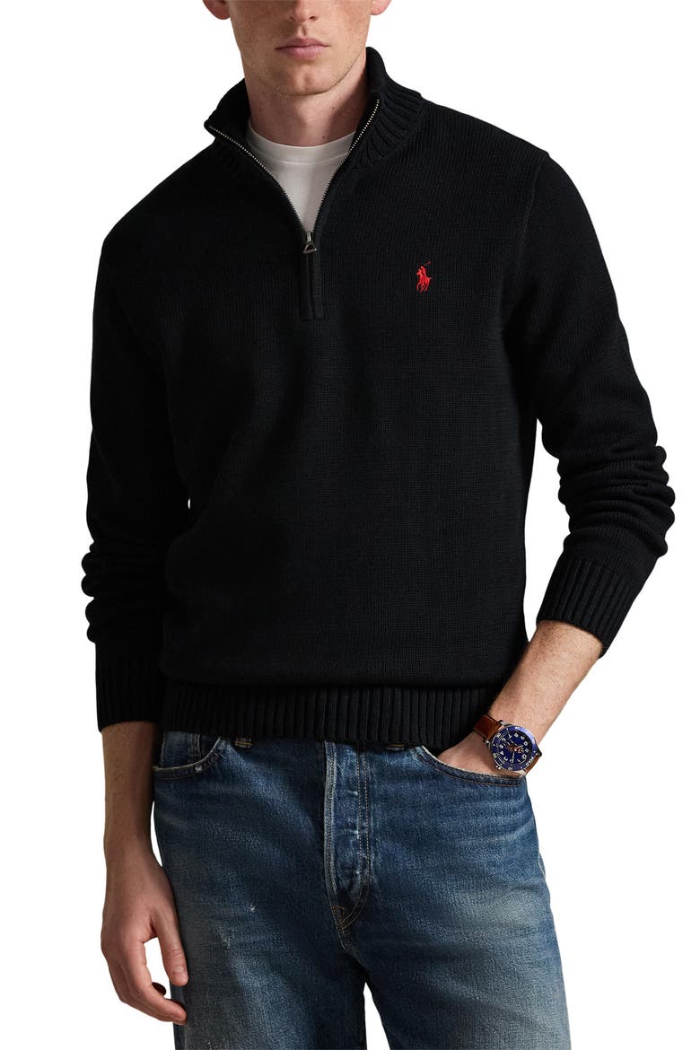 Cotton Half Zip Sweater, Main, color, BLACK
