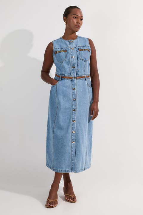 Tipping Sleeveless Midi Denim Dress