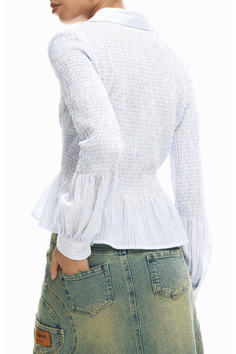 Stripe Smocked Peplum Cotton Blend Button-Up Shirt, Alternate, color, MEDIUM BEIGE