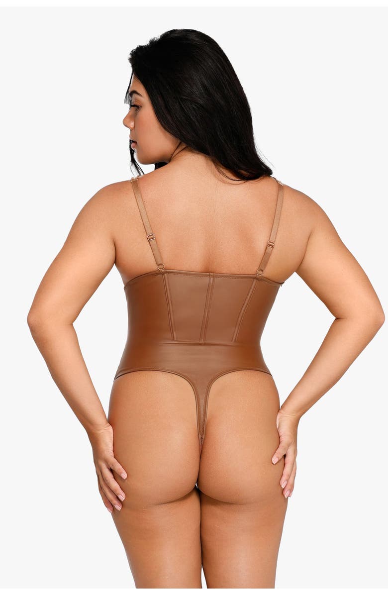 Popilush Shapewear Faux Leather Hourglass Corset Bodysuit, Alternate, color, Dark Brown