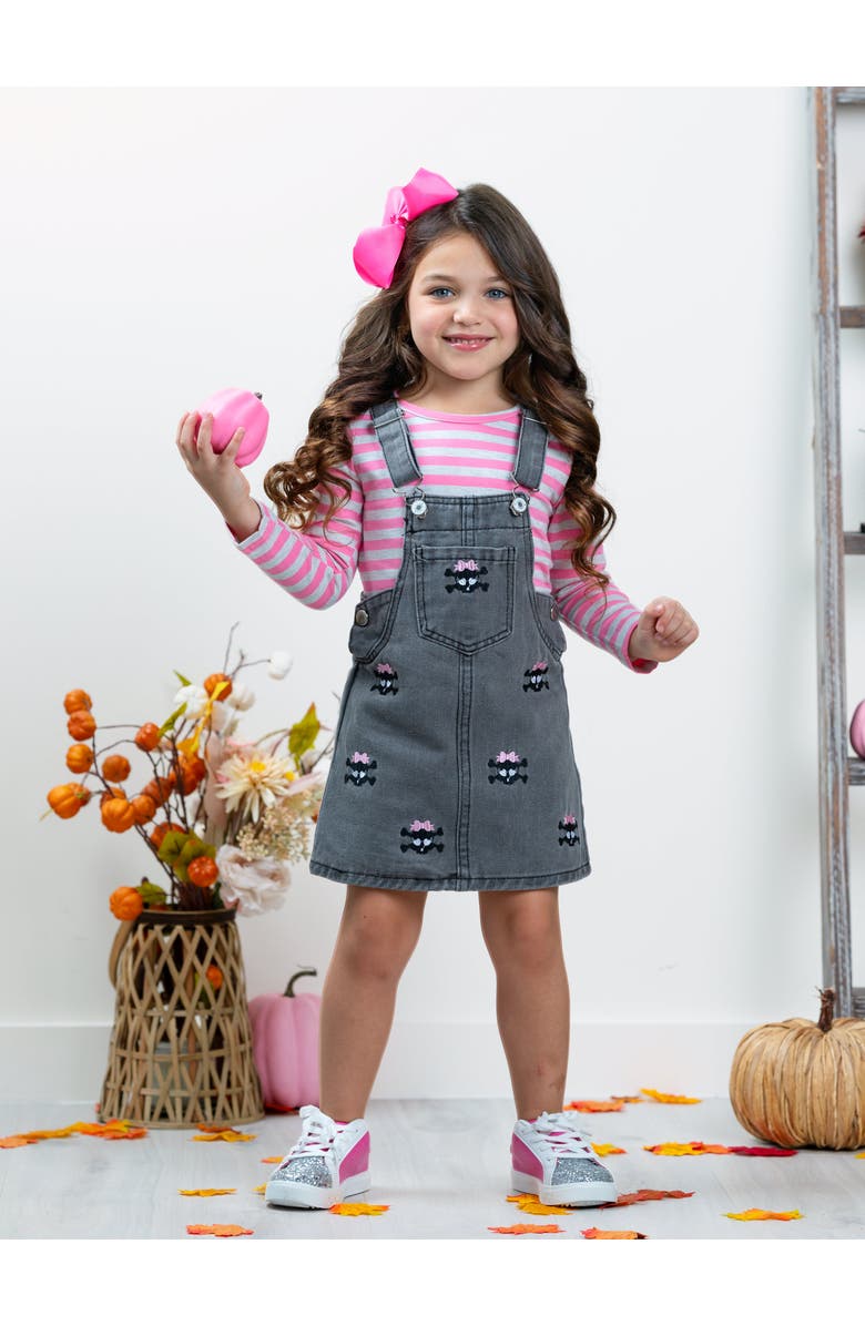 Mia Belle Girls Girls Skull Rock Denim Overall Dress Set, Alternate, color, Grey