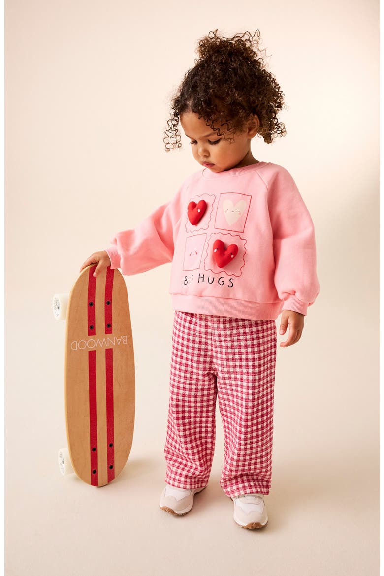 Kids' Appliqué Sweatshirt & Gingham Pants Set, Alternate, color, PINK