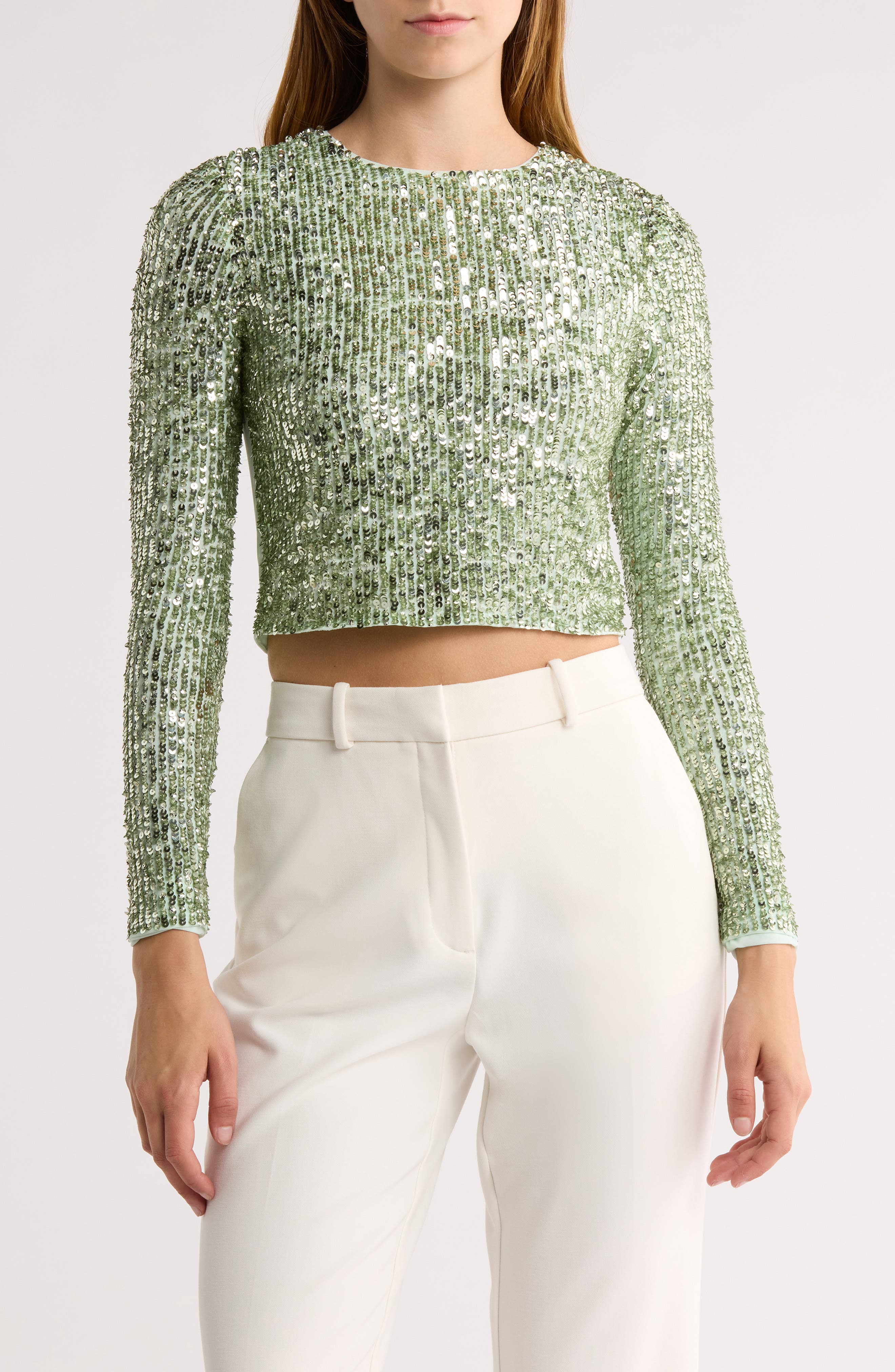 Alice + Olivia Delaina Long Sleeve Sequin Crop Top