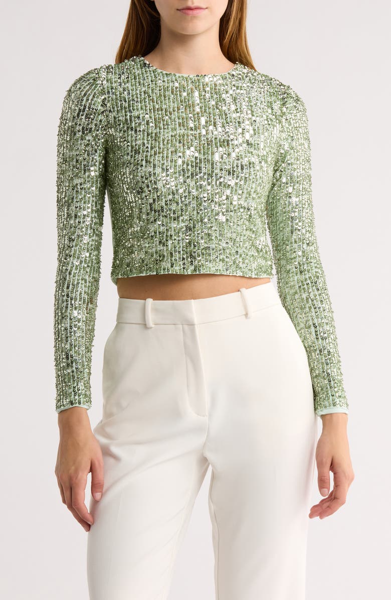 Alice + Olivia Delaina Long Sleeve Sequin Crop Top, Main, color, Sea Spray