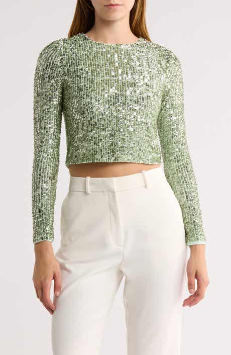 Alice + Olivia Delaina Long Sleeve Sequin Crop Top