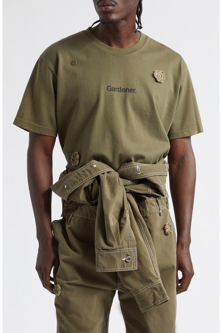 x Birkenstock The Gardener Crochet Flower Long Sleeve Drill Jumpsuit, Main, color, ARMY GREEN