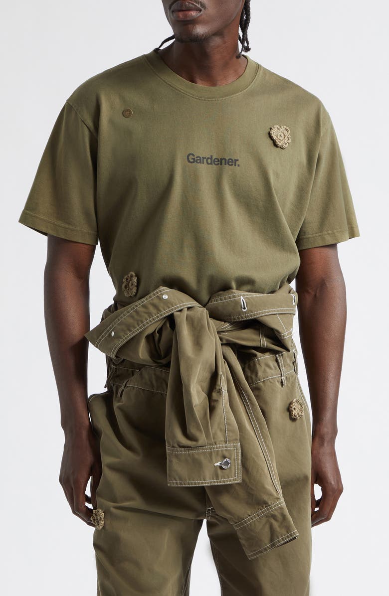 SONG FOR THE MUTE x Birkenstock The Gardener Crochet Flower Long Sleeve Drill Jumpsuit, Main, color, Army Green