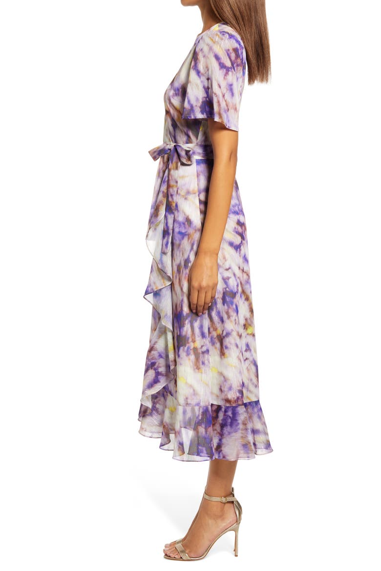 Tie Dye Faux Wrap Midi Dress, Alternate, color, PURPLE