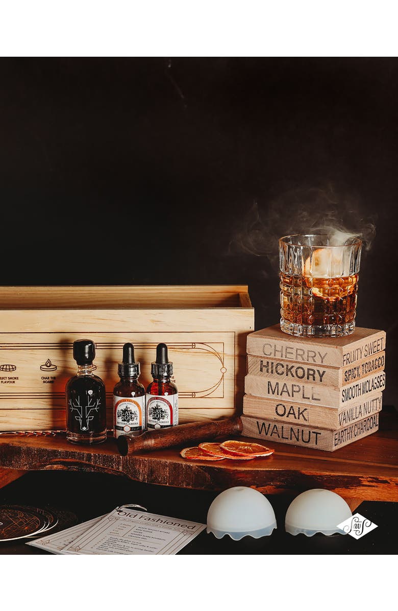 Spirits with Smoke Old Fashioned Cocktail Smoker Kit with 5 Wood Chips for Cocktail Smoker, Barware, Bitters, Maple Syrup & Recipe Book/Videos, Alternate, color, Brown