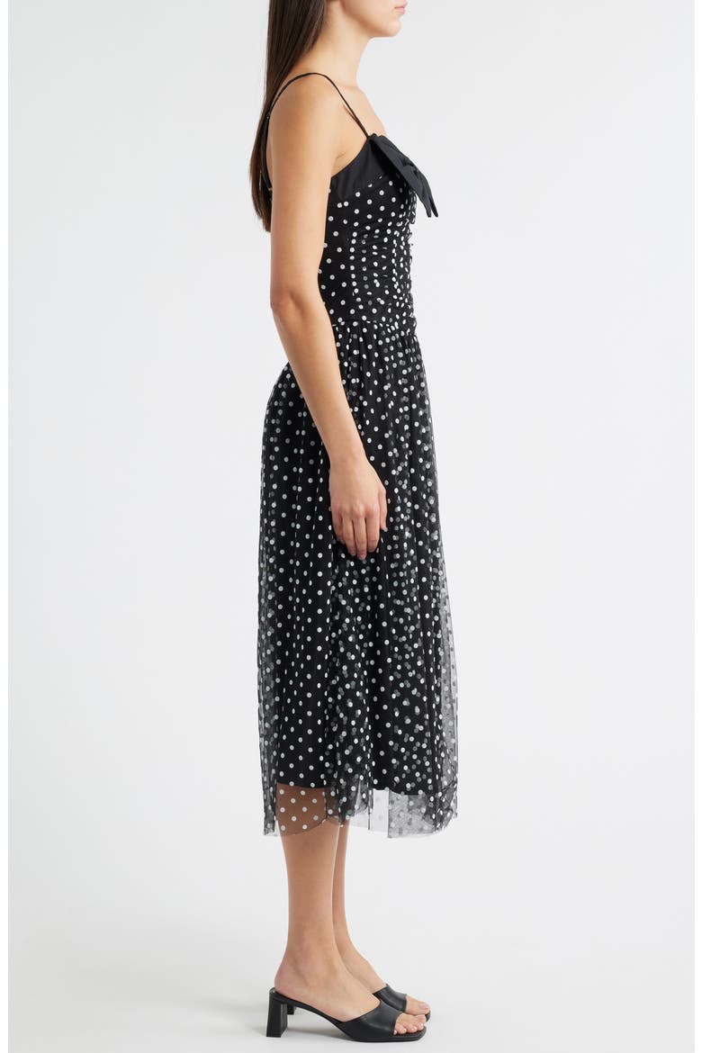 Bow Polka Dot Mesh Fit & Flare Midi Dress, Alternate, color, BLACK