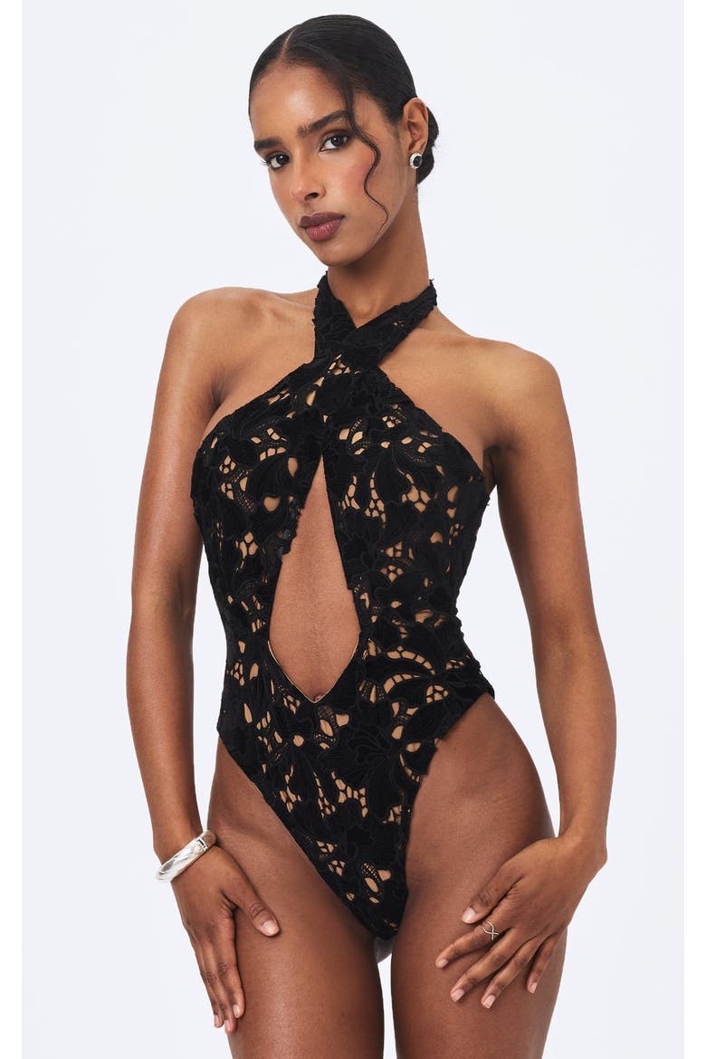 Breanna Velvet Lace Crossover Halter Swimsuit, Main, color, Black