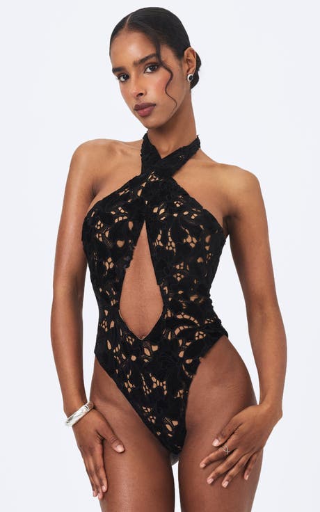 Breanna Velvet Lace Crossover Halter Swimsuit