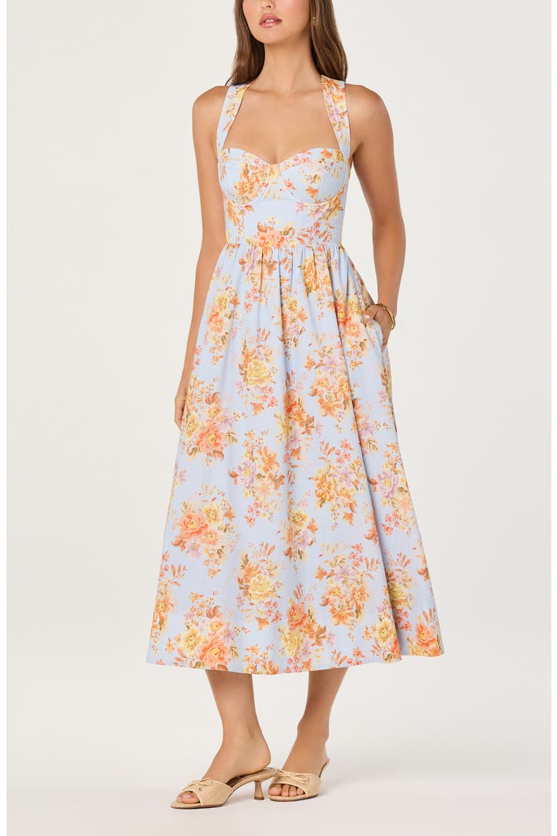 Beryl Floral Cotton & Linen Midi Dress, Main, color, BLUE GARDEN FLORAL