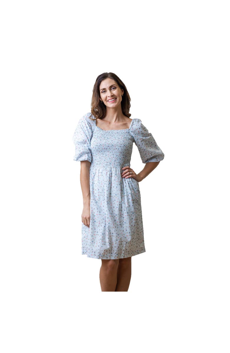 Hope & Henry Women's Organic Smocked Bubble Sleeve Dress, Main, color, Pale Blue Vintage Floral