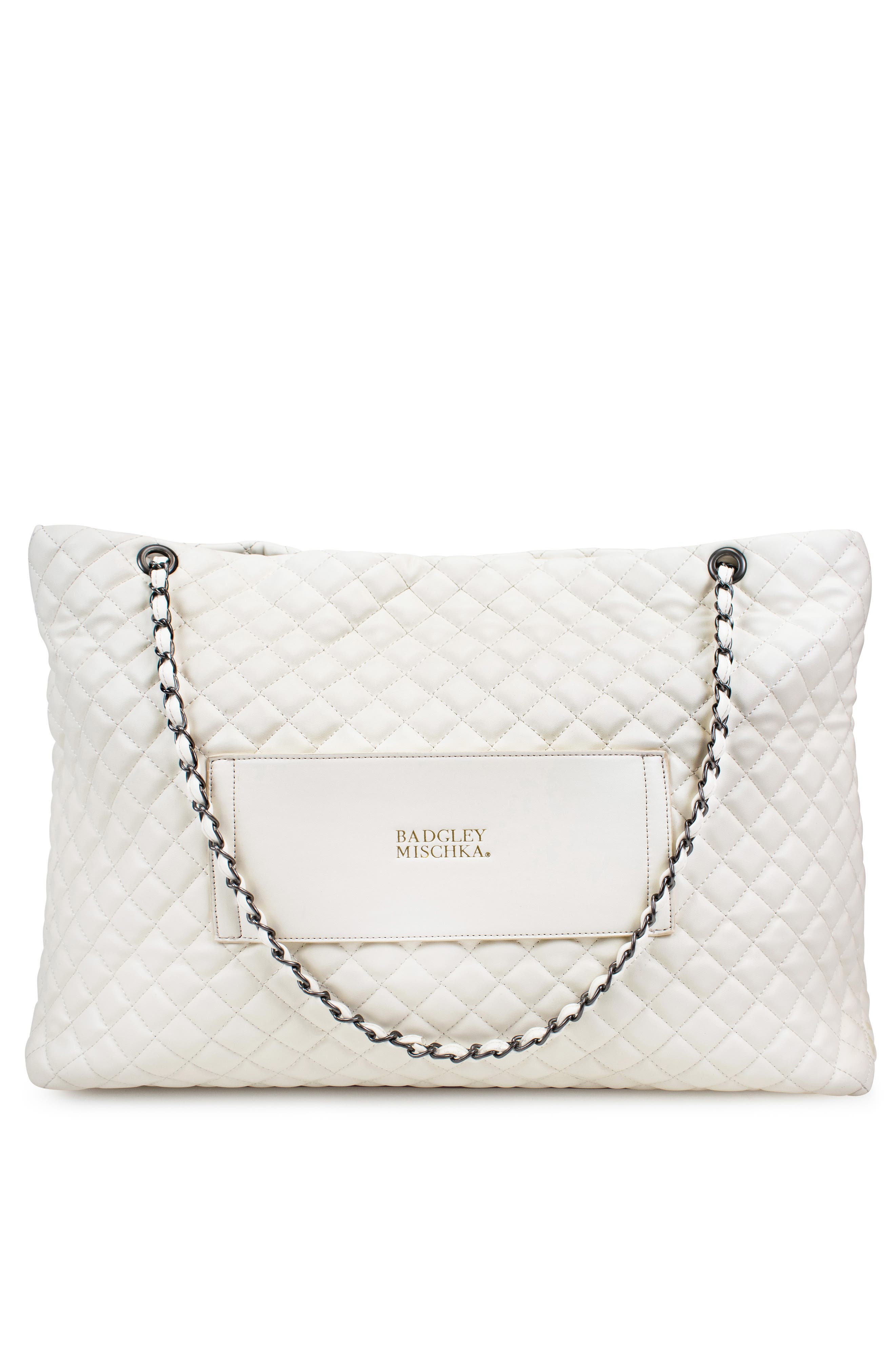 BADGLEY MISCHKA Diana XL Quilted Vegan Leather Travel Weekender Duffel Bag, Alternate, color, Cream