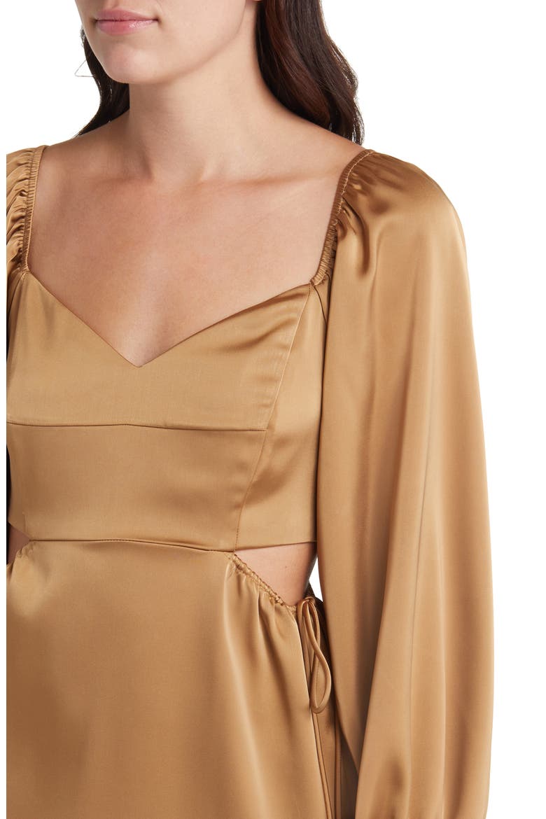 Cutout Long Sleeve Satin Midi Dress, Alternate, color, BRONZE