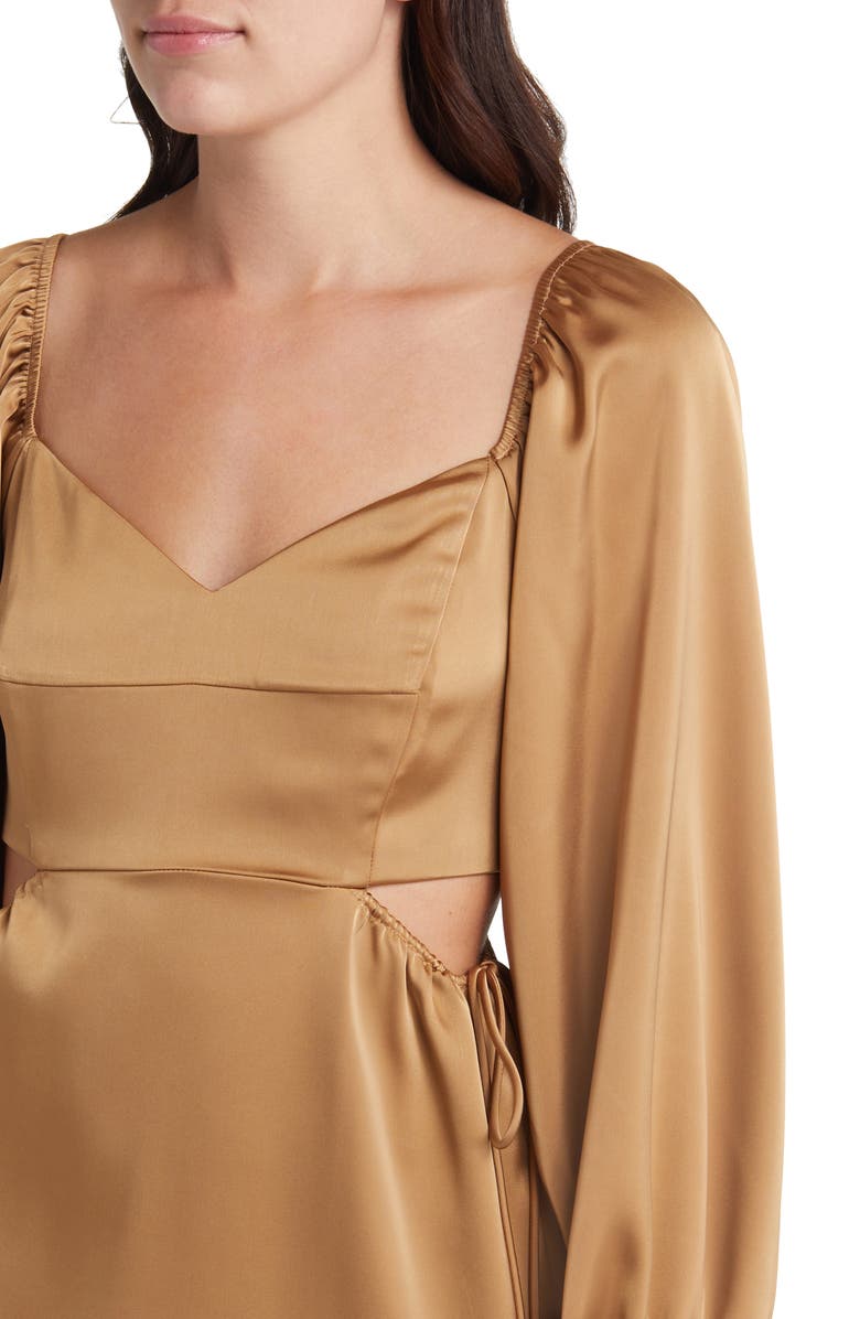 MOON RIVER Cutout Long Sleeve Satin Midi Dress, Alternate, color, Bronze
