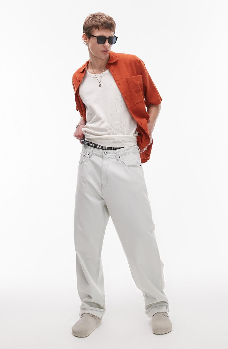 Topman Boxy Textured Short Sleeve Cotton & Viscose Button-Up Shirt, Alternate, color, Red