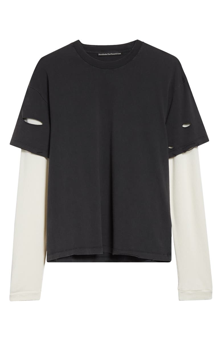 STOCKHOLM SURFBOARD CLUB Box Fit Distressed Layered Recycled Cotton T-Shirt, Alternate, color, Black