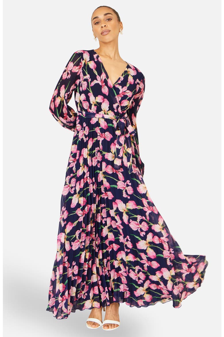 Orchid Floral Pleated Wrap Maxi Dress, Main, color, Navy