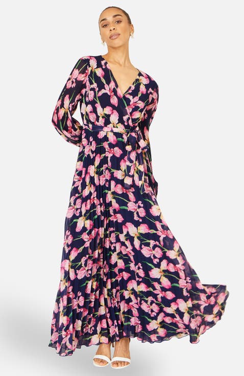 Orchid Floral Pleated Wrap Maxi Dress