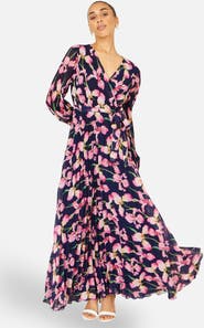 Yumi Orchid Floral Pleated Wrap Maxi Dress