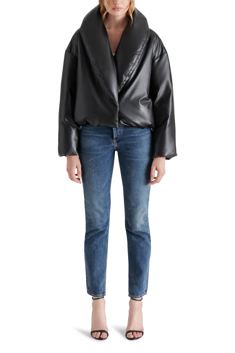 Evy Faux Leather Puffer Coat, Alternate, color, BLACK