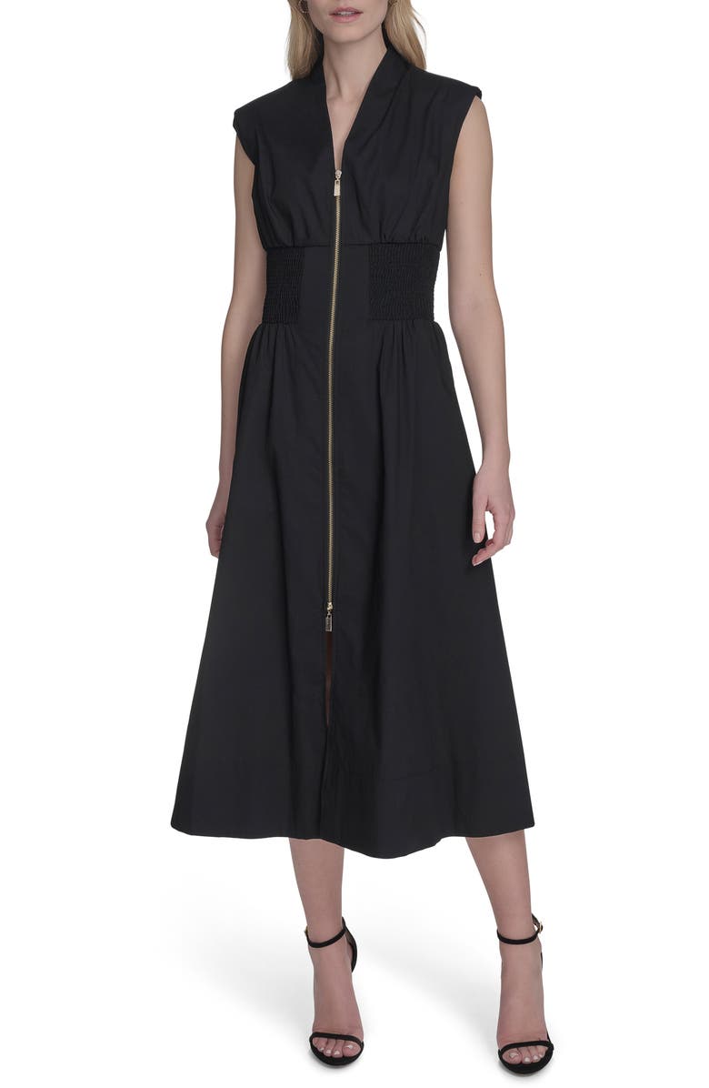Vince Camuto Smock Waist Cotton Midi Dress, Main, color, Black