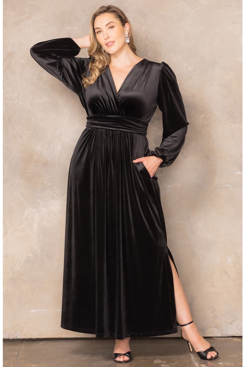 Vivienne Long Sleeve Velvet Gown, Alternate, color, ONYX