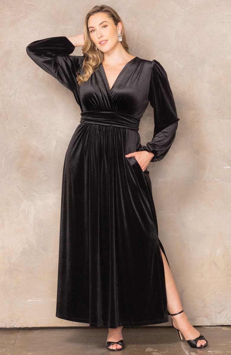 Kiyonna Vivienne Long Sleeve Velvet Gown, Alternate, color, Onyx