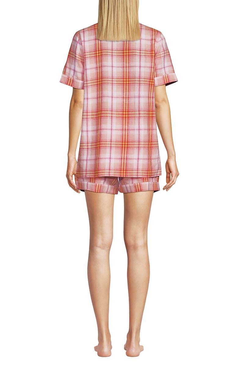Lands
 End Women Linen 2 Piece Pajama Set - Short Sleeve Top and Shorts, Alternate, color, Sunset Coral Pink Plaid
