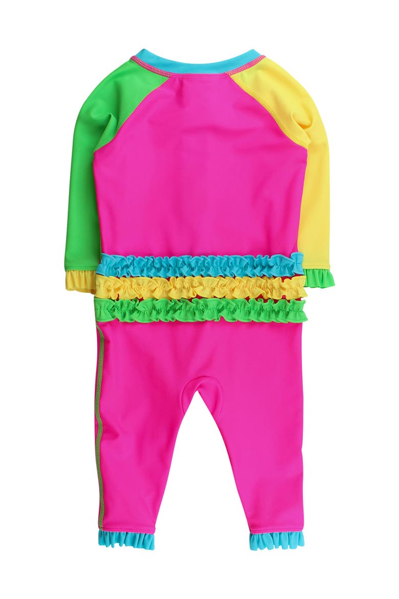 UPF50+ Sun Protected Full Length Long Sleeve Rash Guard One Piece Swimsuit, with Signature Rear Ruffles, Alternate, color, Neon Color Block