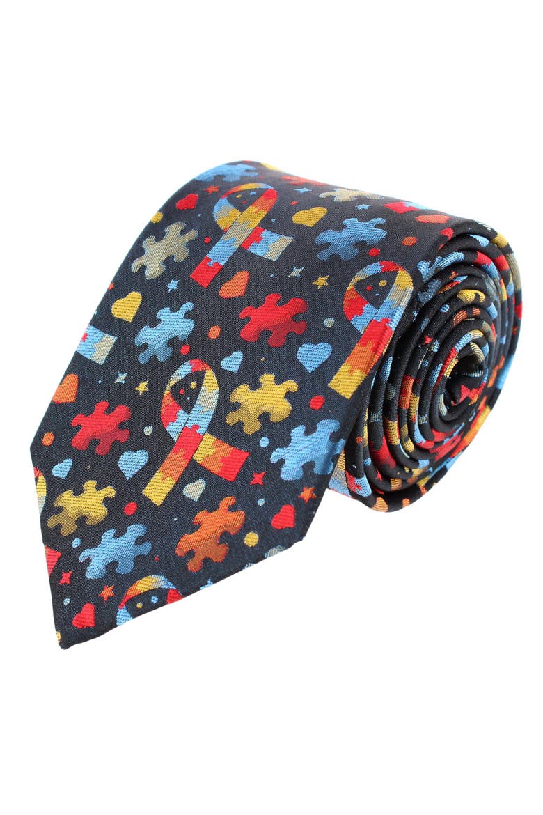 Autism Visibility Novelty Silk Necktie, Main, color, Navy Blue with Multiple Colors