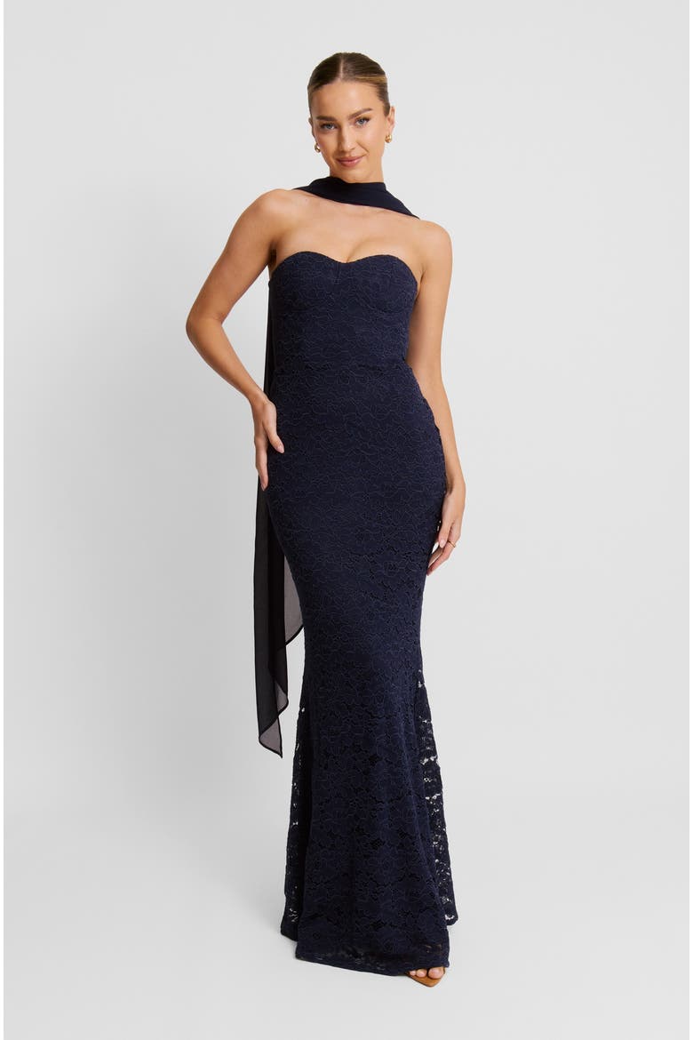 Lace Corset Maxi Dress With Neck Scarf, Main, color, Navy