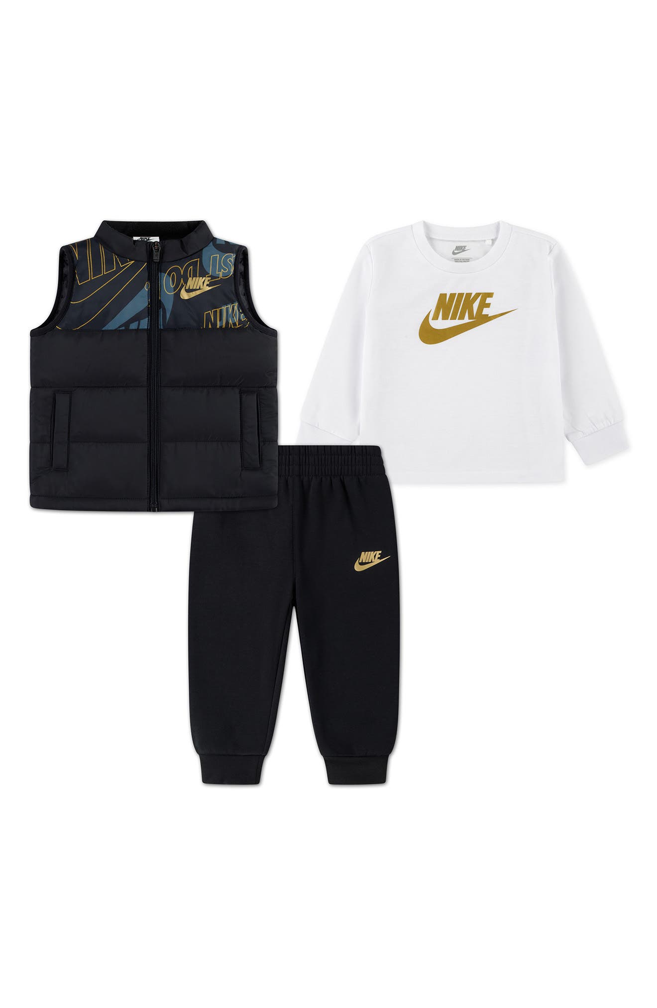 Nike Colorblock Puffer Vest, Logo T-Shirt & Fleece Joggers Set