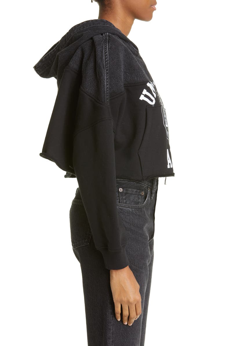 AMIRI Hybrid Denim & Terry Graphic Zip Crop Hoodie, Alternate, color, 