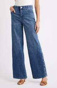 Wit & Wisdom Sam High Waist Faux Pearl Detail Wide Leg Jeans